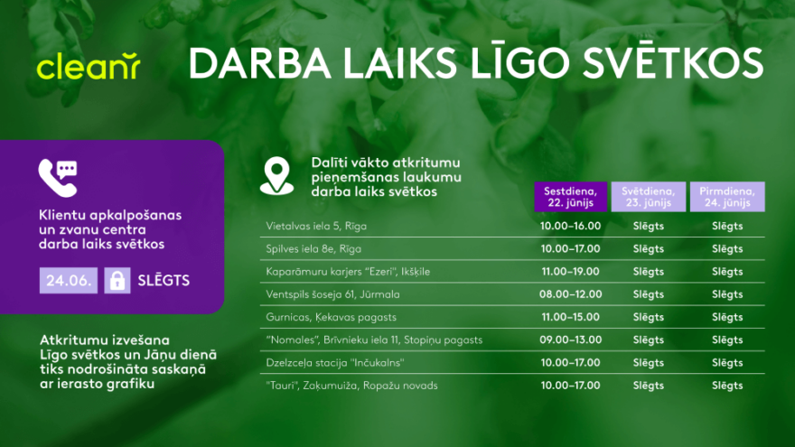 Klientu apkalpošanas centra darba laiks līgo svētkos