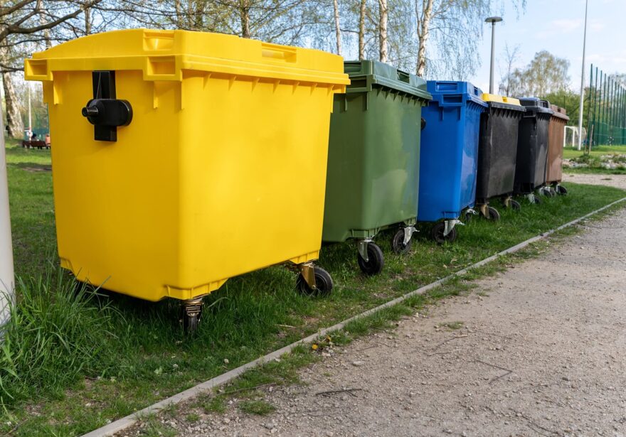 Dažādu krāsu atkritumu konteineri rindā salikti