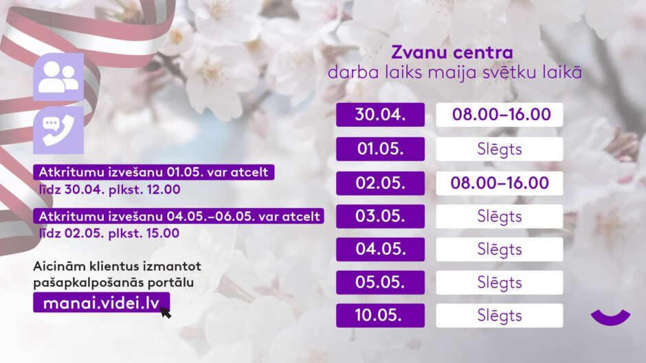 Zvanu centra darba laiks maija svētkos
